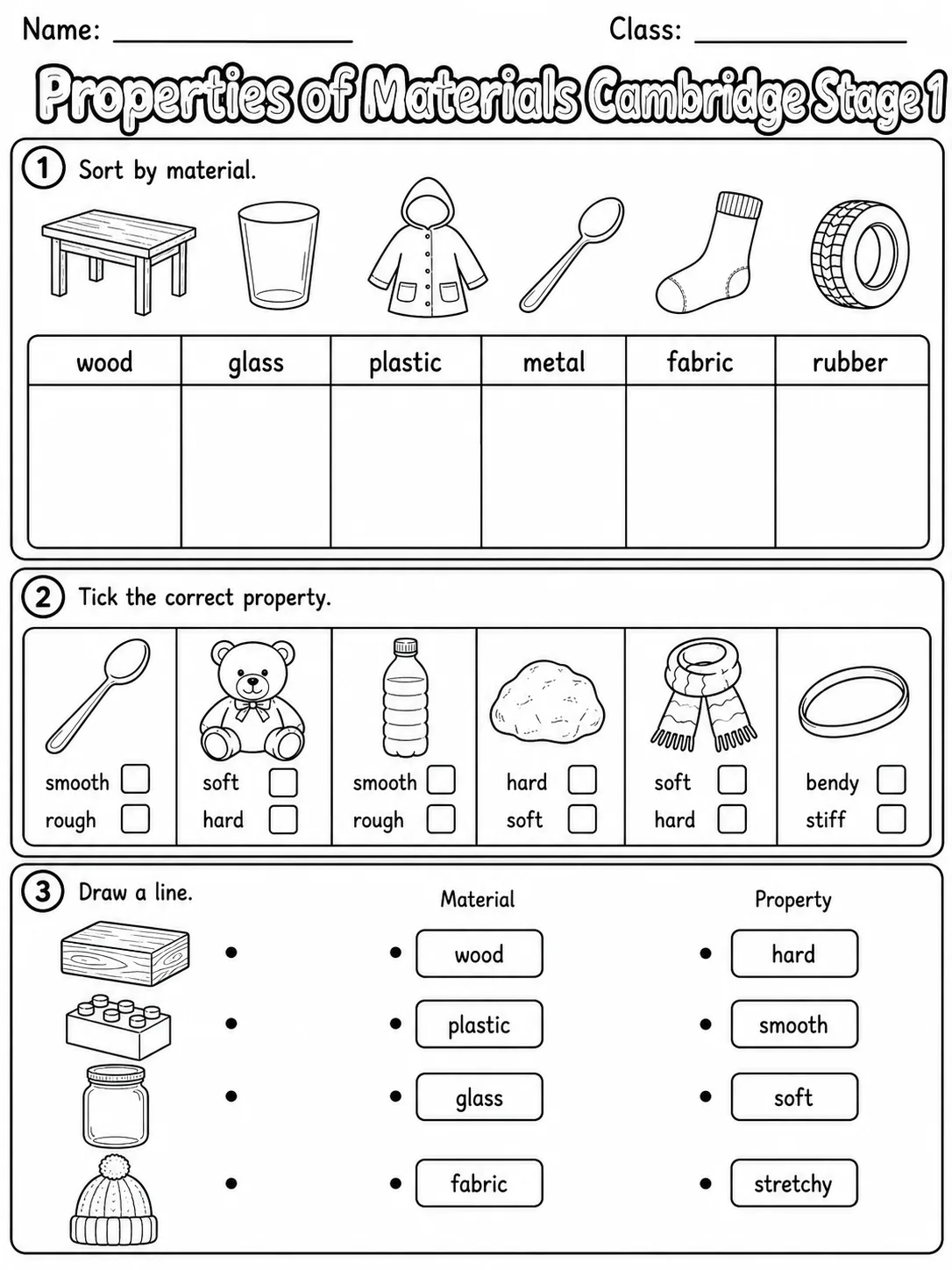 Properties of Materials Cambridge Stage 1 page 2 printable Cambridge science worksheet preview