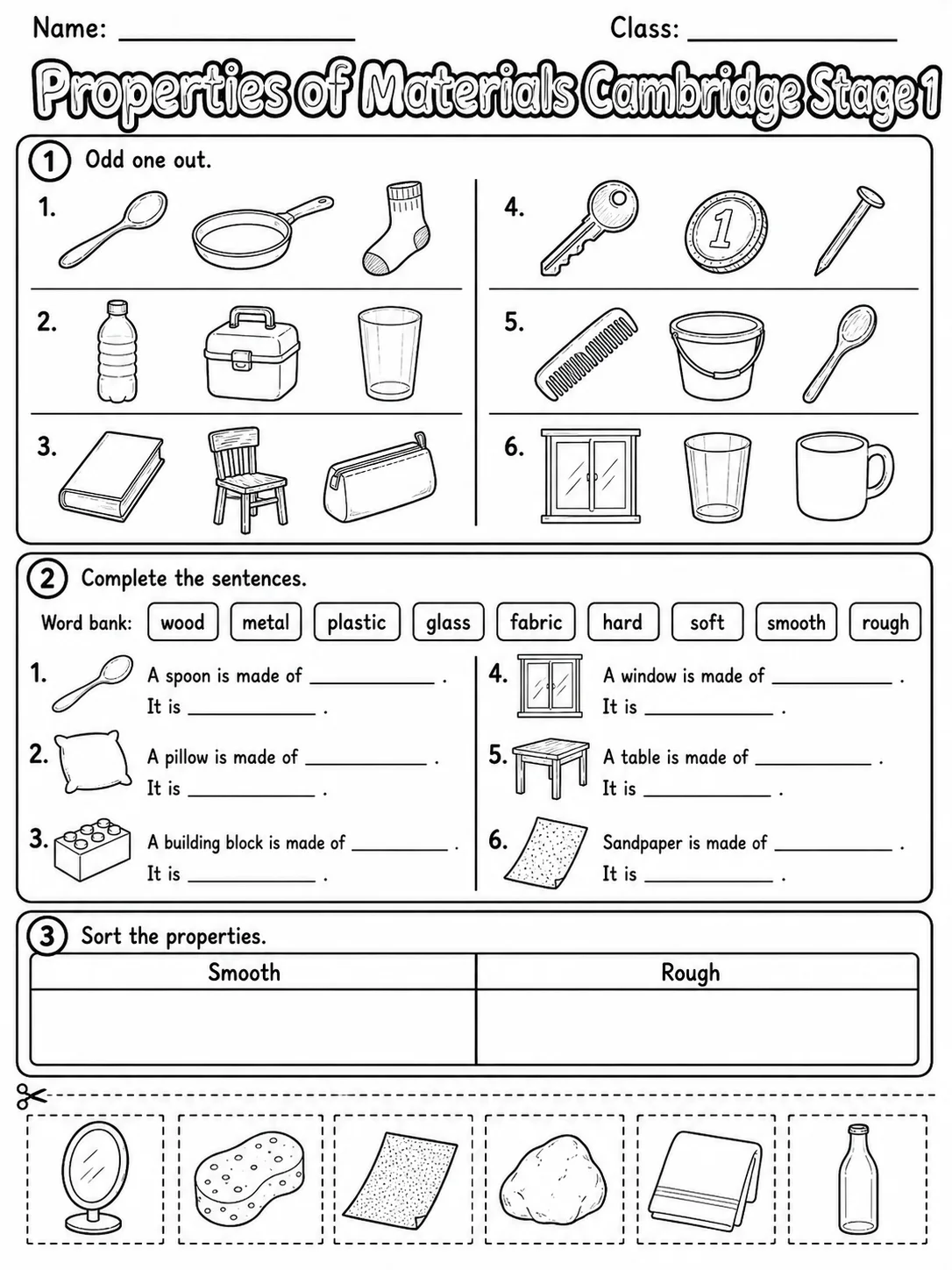 Properties of Materials Cambridge Stage 1 page 3 printable Cambridge science worksheet preview
