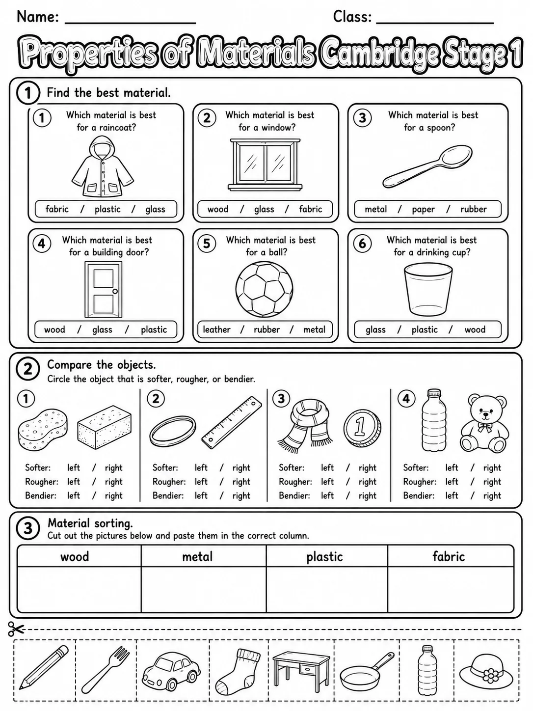 Properties of Materials Cambridge Stage 1 page 6 printable Cambridge science worksheet preview