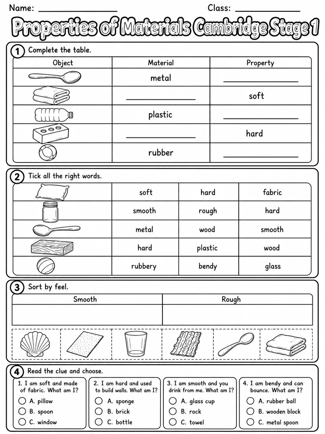 Properties of Materials Cambridge Stage 1 page 7 printable Cambridge science worksheet preview