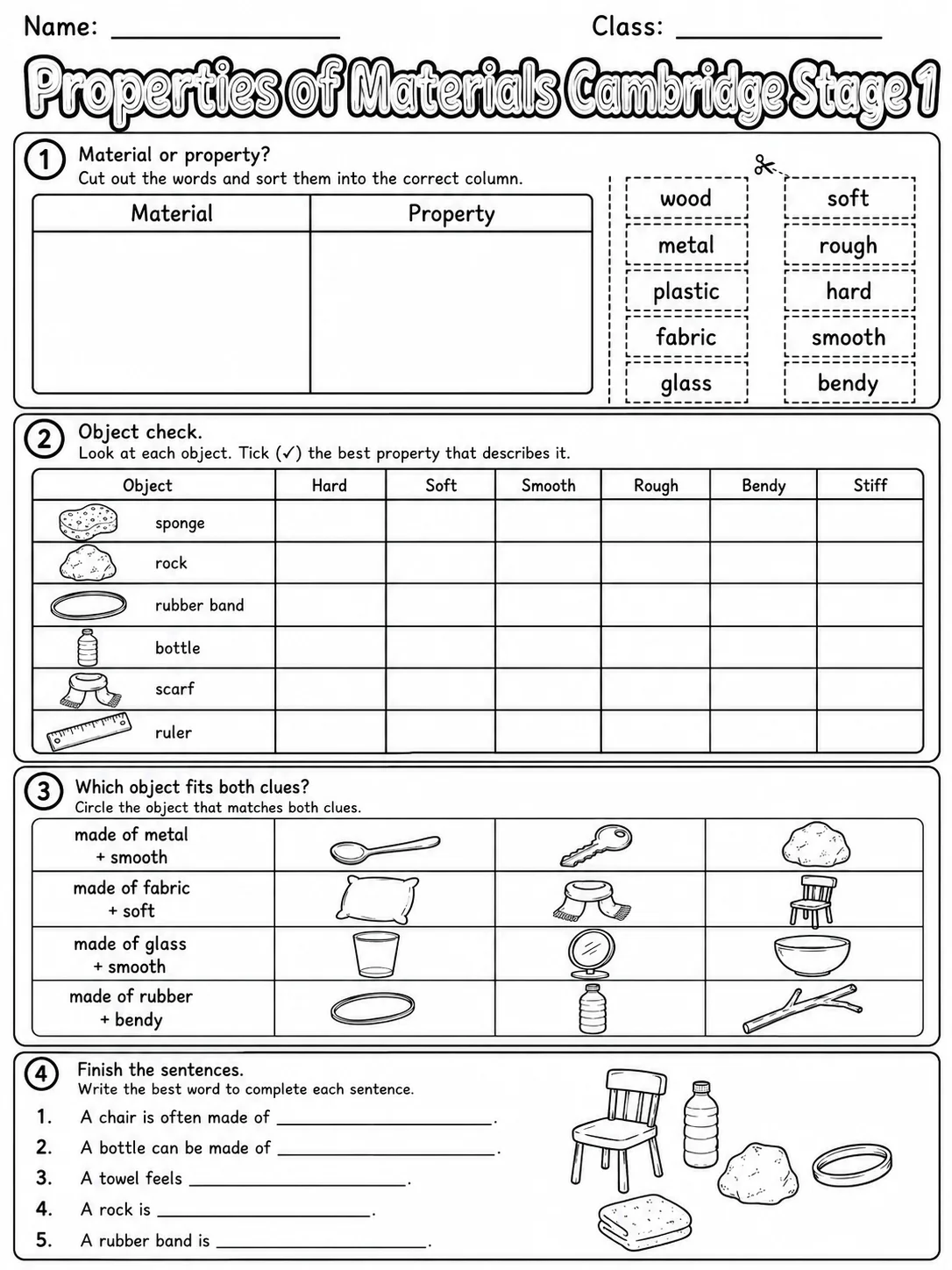 Properties of Materials Cambridge Stage 1 page 8 printable Cambridge science worksheet preview