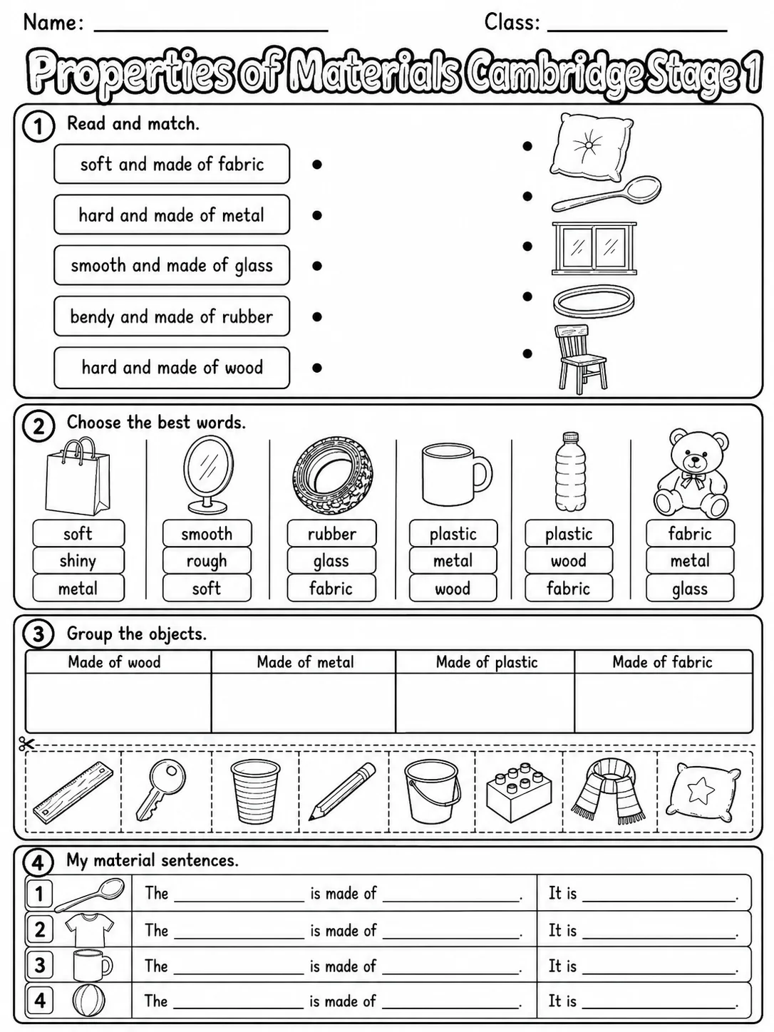 Properties of Materials Cambridge Stage 1 page 9 printable Cambridge science worksheet preview