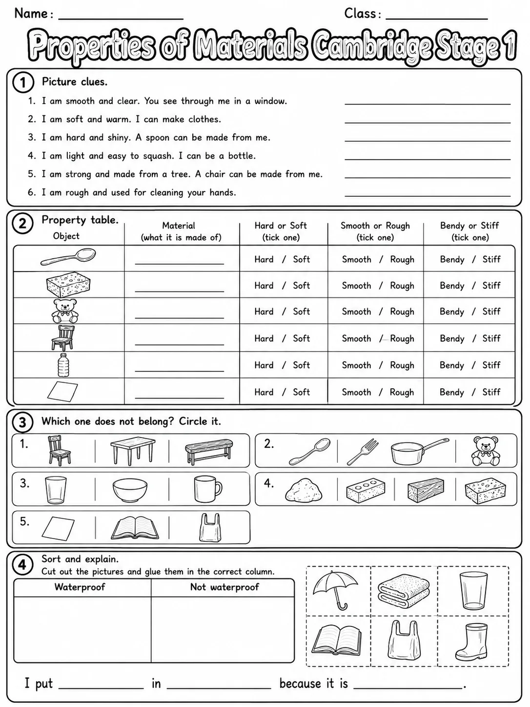 Properties of Materials Cambridge Stage 1 page 10 printable Cambridge science worksheet preview