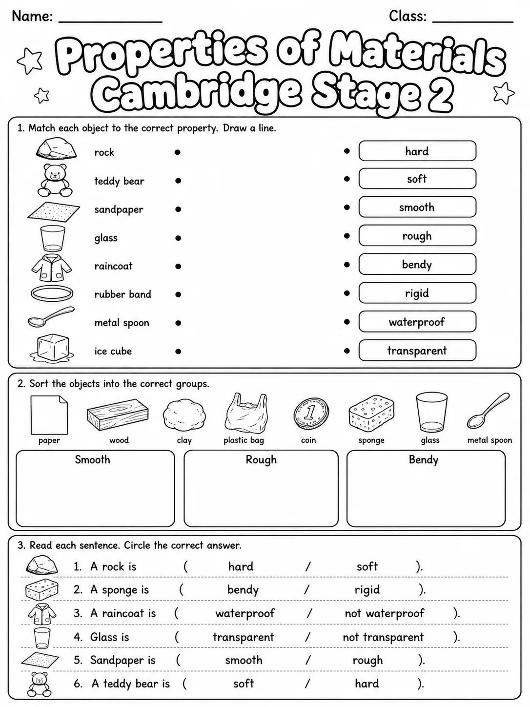 Properties of Materials Cambridge Stage 2 printable Cambridge Primary Science Stage 2 worksheet preview from KiwiBee