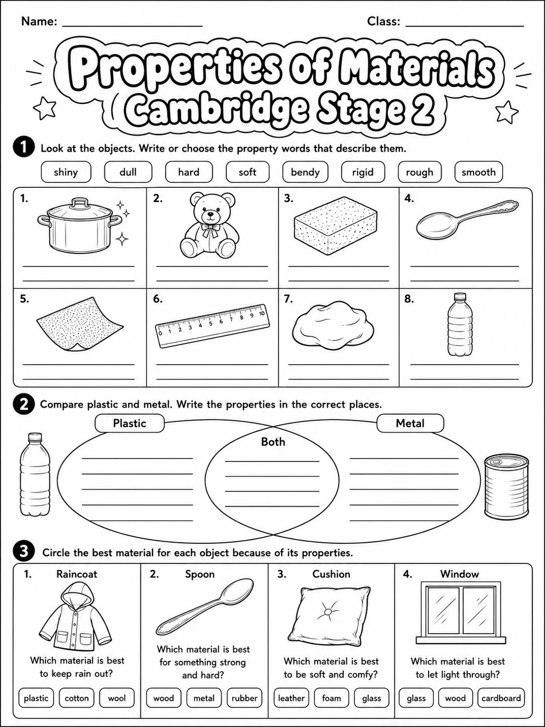 Properties of Materials Cambridge Stage 2 page 2 printable Cambridge science worksheet preview
