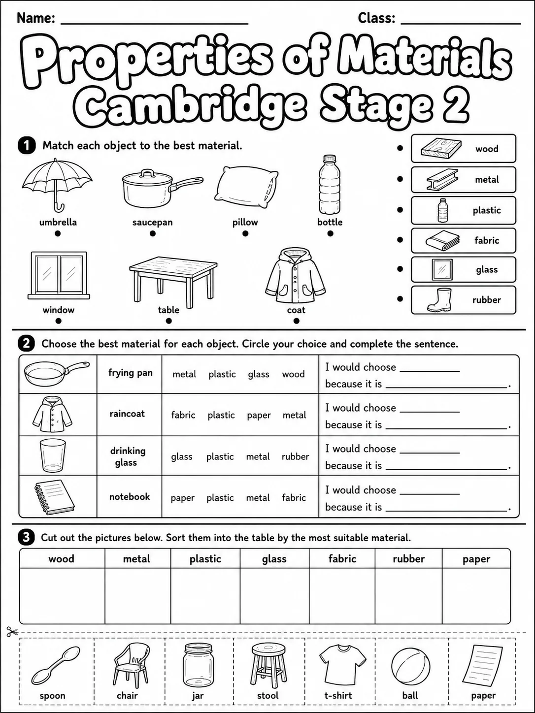 Properties of Materials Cambridge Stage 2 page 3 printable Cambridge science worksheet preview