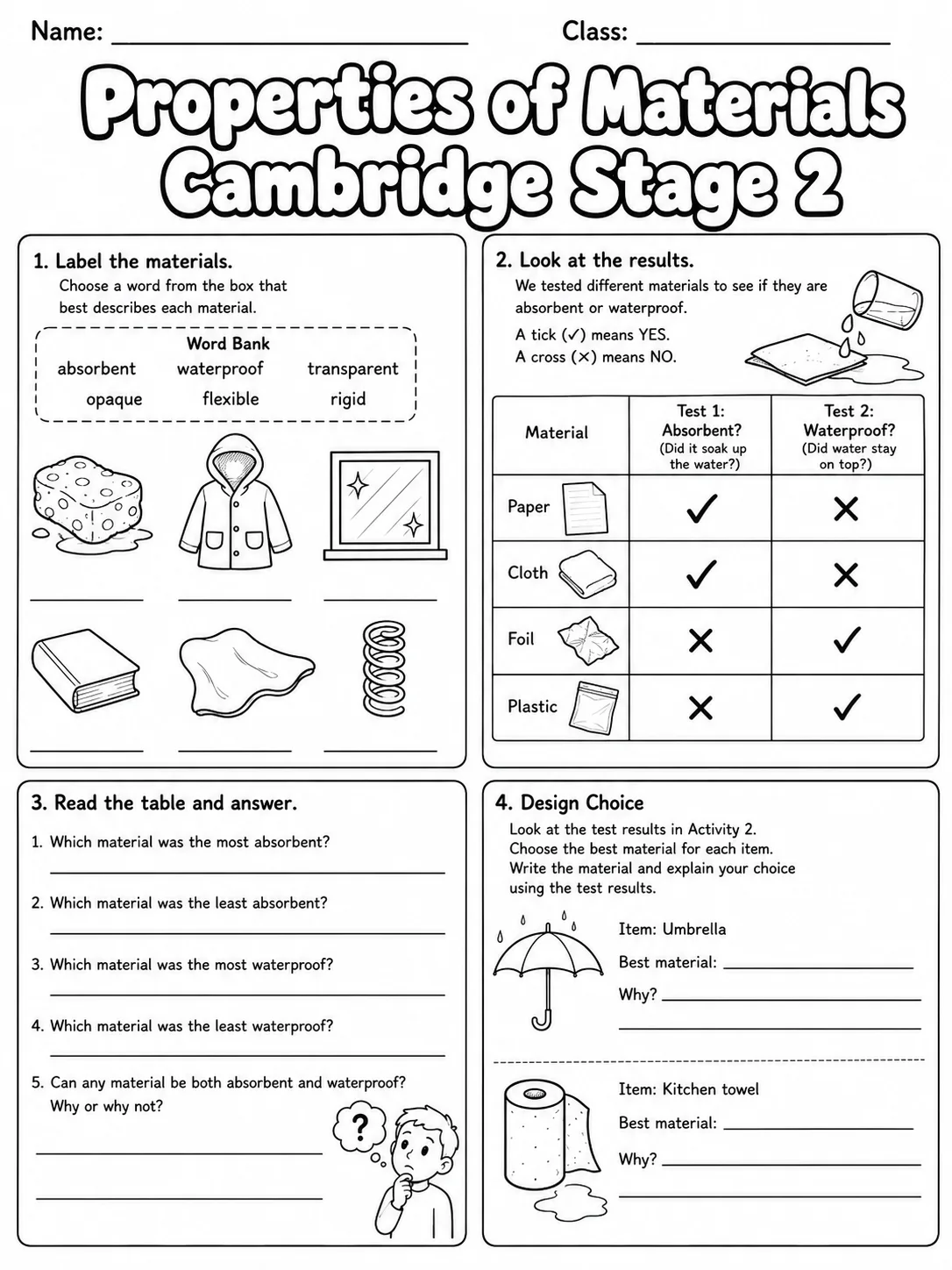 Properties of Materials Cambridge Stage 2 page 6 printable Cambridge science worksheet preview