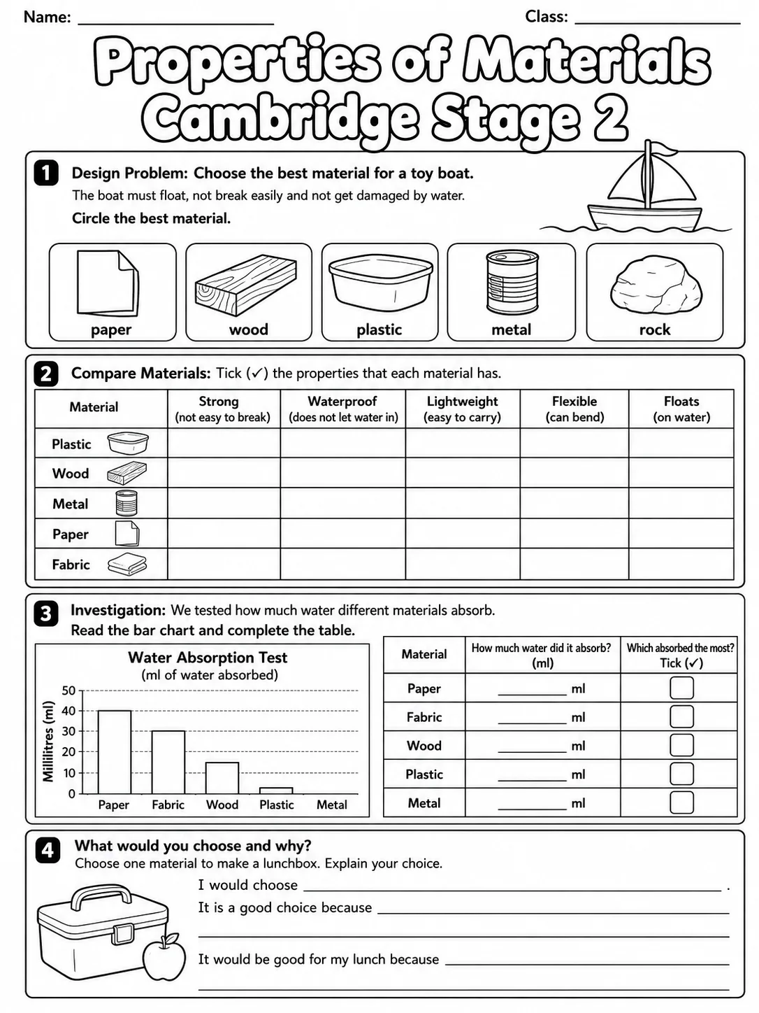 Properties of Materials Cambridge Stage 2 page 8 printable Cambridge science worksheet preview