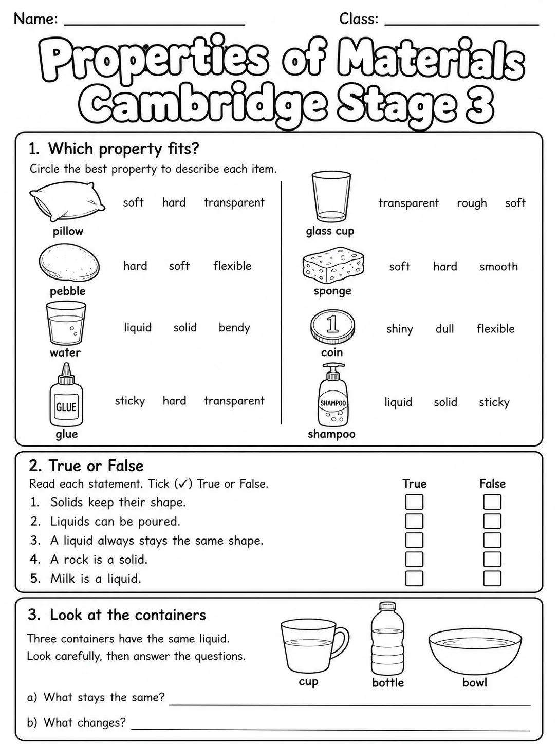 Properties of Materials Cambridge Stage 3 page 3 printable Cambridge science worksheet preview