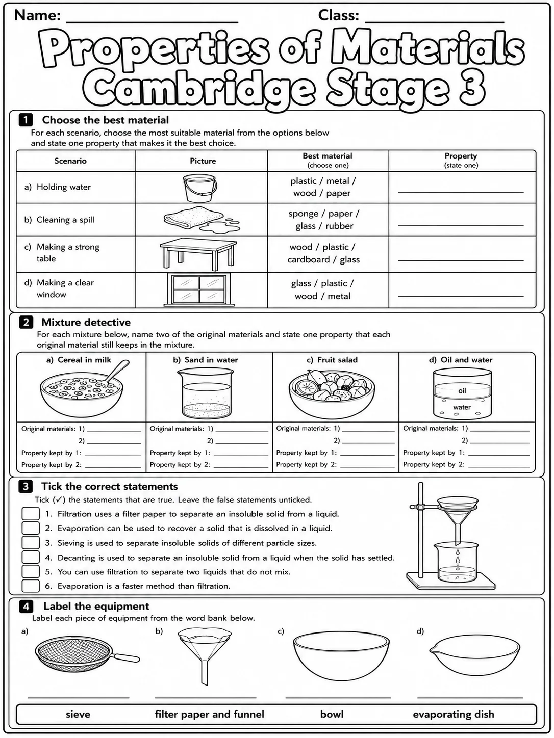 Properties of Materials Cambridge Stage 3 page 7 printable Cambridge science worksheet preview