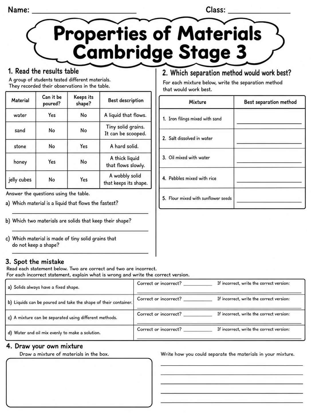 Properties of Materials Cambridge Stage 3 page 8 printable Cambridge science worksheet preview