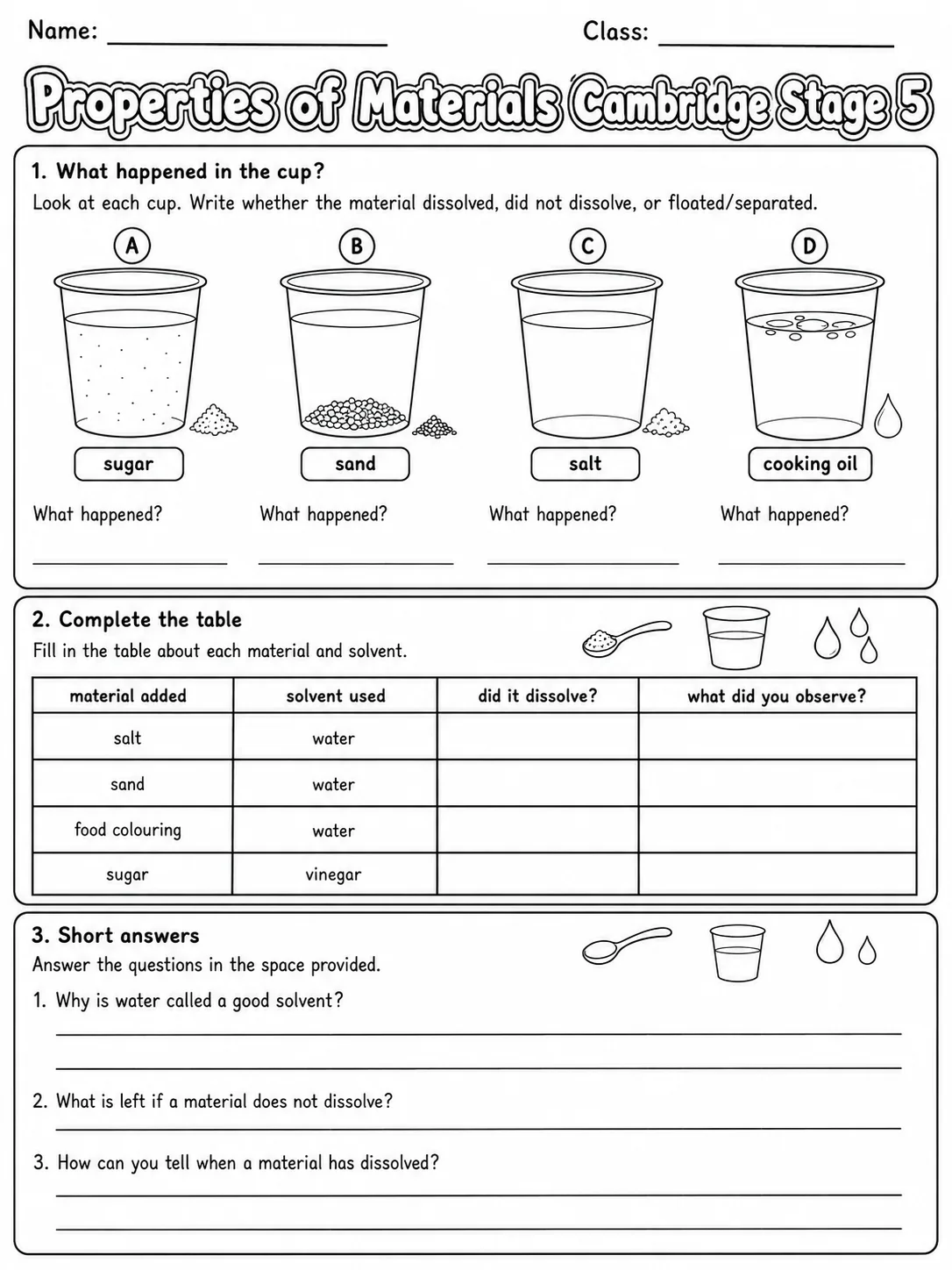 Properties of Materials Cambridge Stage 5 page 3 printable Cambridge science worksheet preview