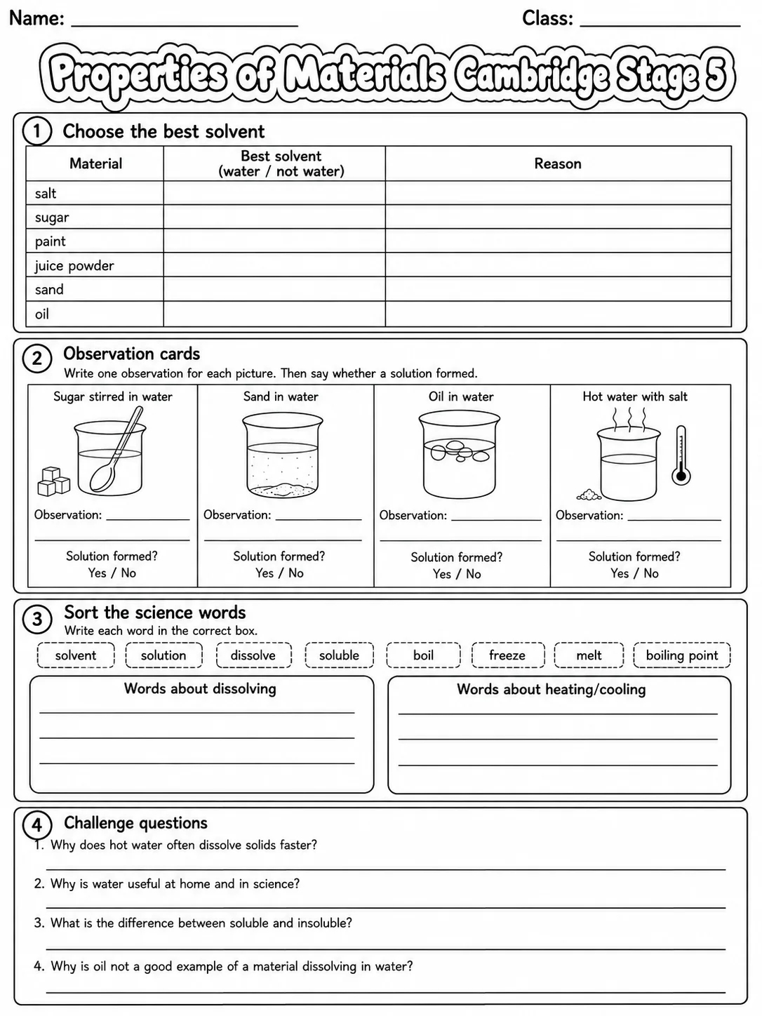 Properties of Materials Cambridge Stage 5 page 6 printable Cambridge science worksheet preview