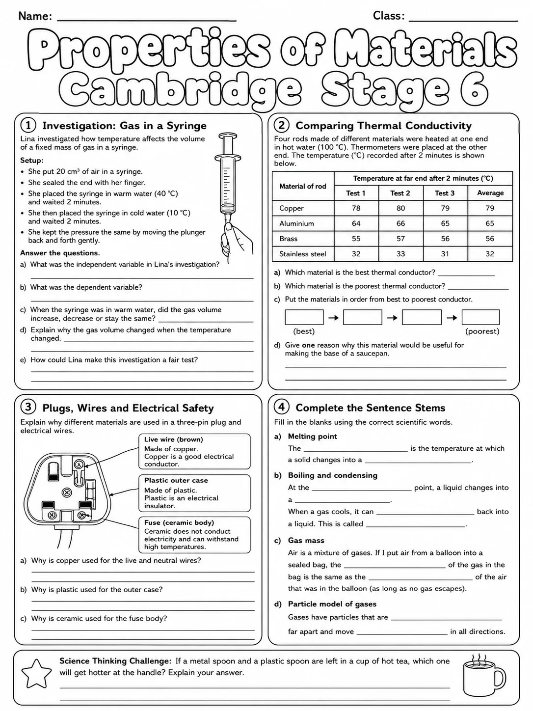 Properties of Materials Cambridge Stage 6 page 8 printable Cambridge science worksheet preview