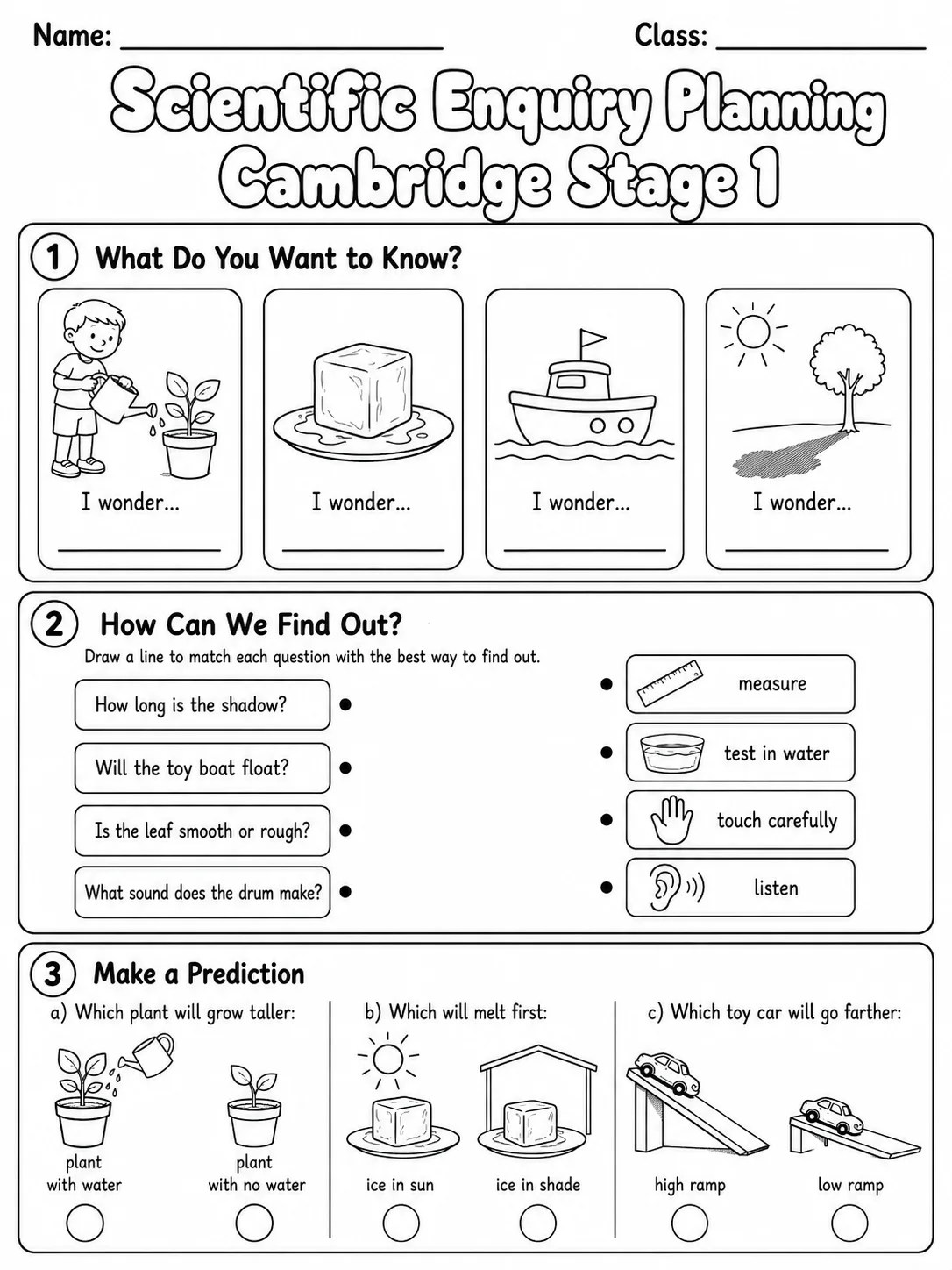 Scientific Enquiry Planning Cambridge Stage 1 page 2 printable Cambridge science worksheet preview