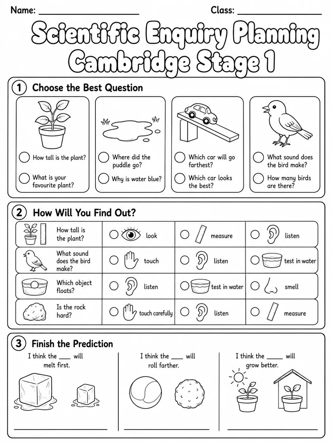 Scientific Enquiry Planning Cambridge Stage 1 page 3 printable Cambridge science worksheet preview