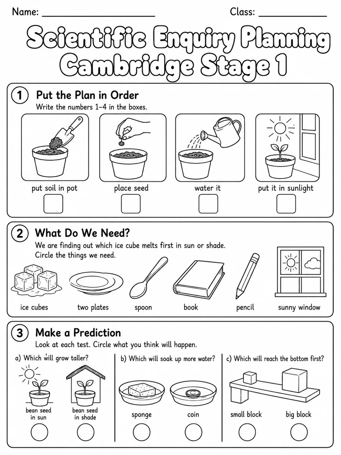 Scientific Enquiry Planning Cambridge Stage 1 page 4 printable Cambridge science worksheet preview