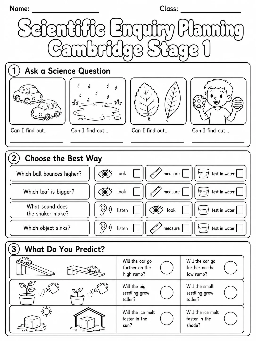 Scientific Enquiry Planning Cambridge Stage 1 page 5 printable Cambridge science worksheet preview