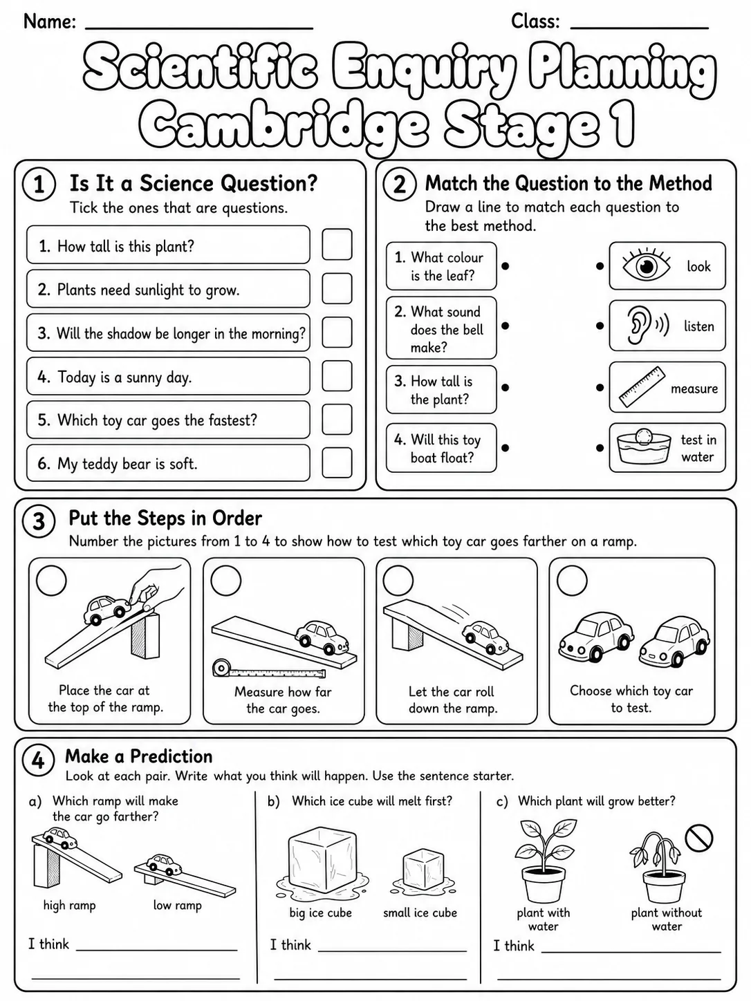 Scientific Enquiry Planning Cambridge Stage 1 page 6 printable Cambridge science worksheet preview