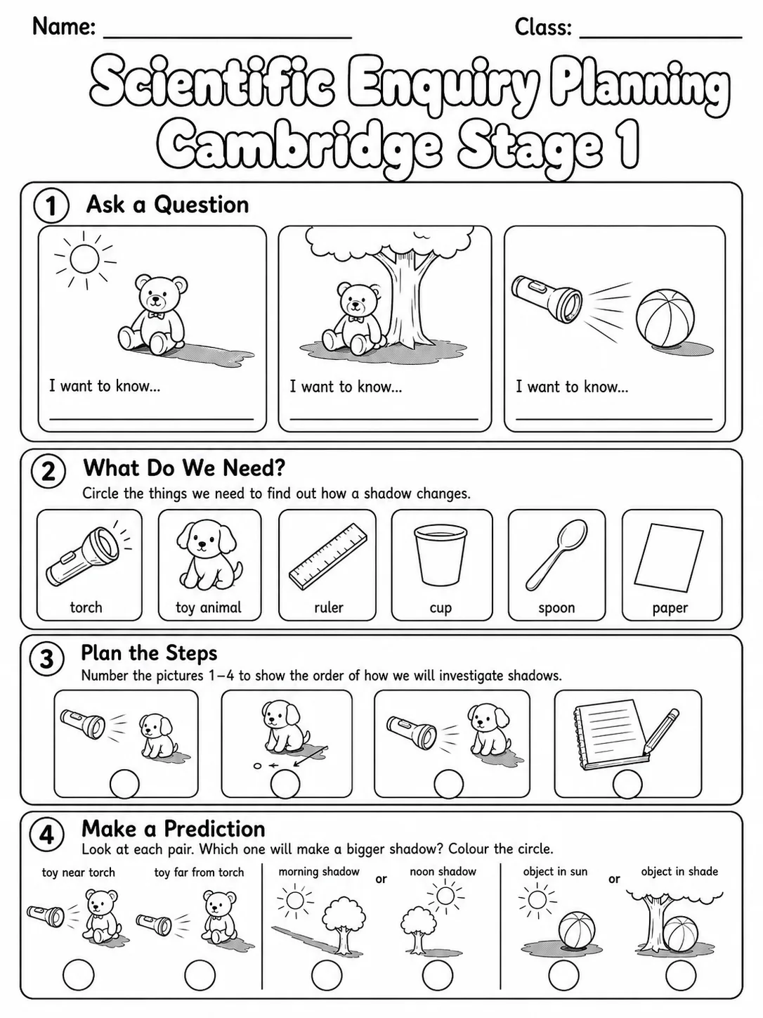 Scientific Enquiry Planning Cambridge Stage 1 page 7 printable Cambridge science worksheet preview