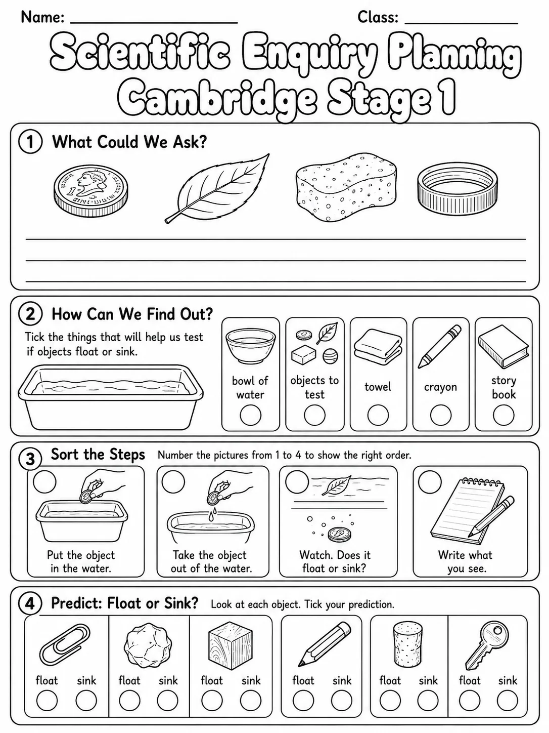 Scientific Enquiry Planning Cambridge Stage 1 page 8 printable Cambridge science worksheet preview