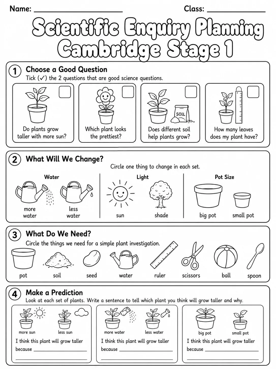 Scientific Enquiry Planning Cambridge Stage 1 page 9 printable Cambridge science worksheet preview