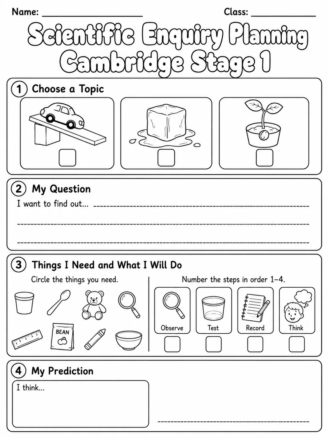 Scientific Enquiry Planning Cambridge Stage 1 page 10 printable Cambridge science worksheet preview