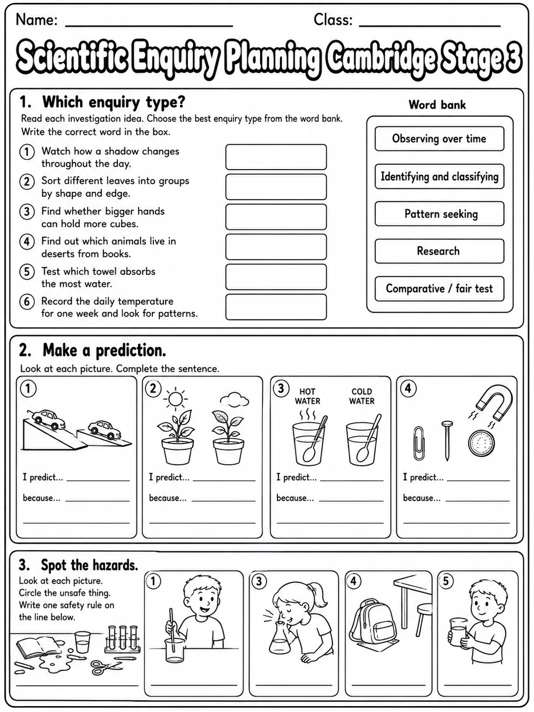 Scientific Enquiry Planning Cambridge Stage 3 page 2 printable Cambridge science worksheet preview