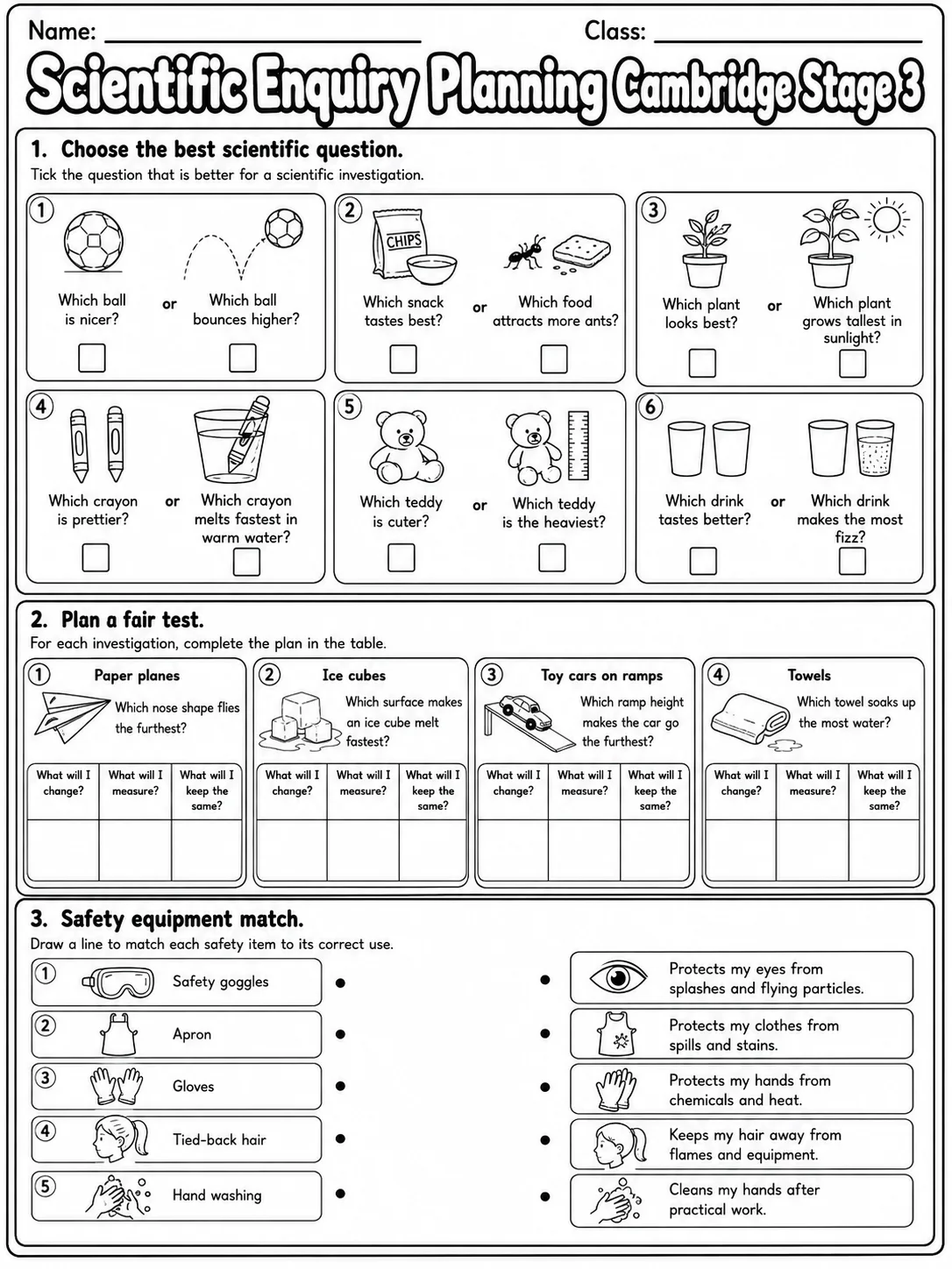 Scientific Enquiry Planning Cambridge Stage 3 page 3 printable Cambridge science worksheet preview
