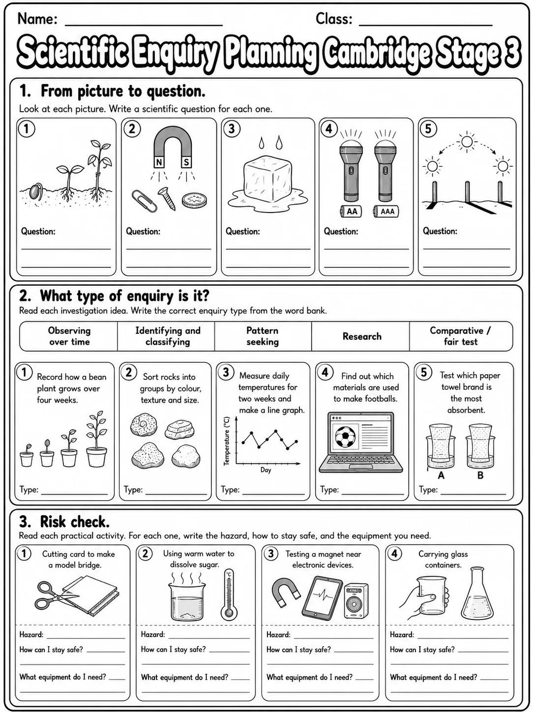Scientific Enquiry Planning Cambridge Stage 3 page 4 printable Cambridge science worksheet preview