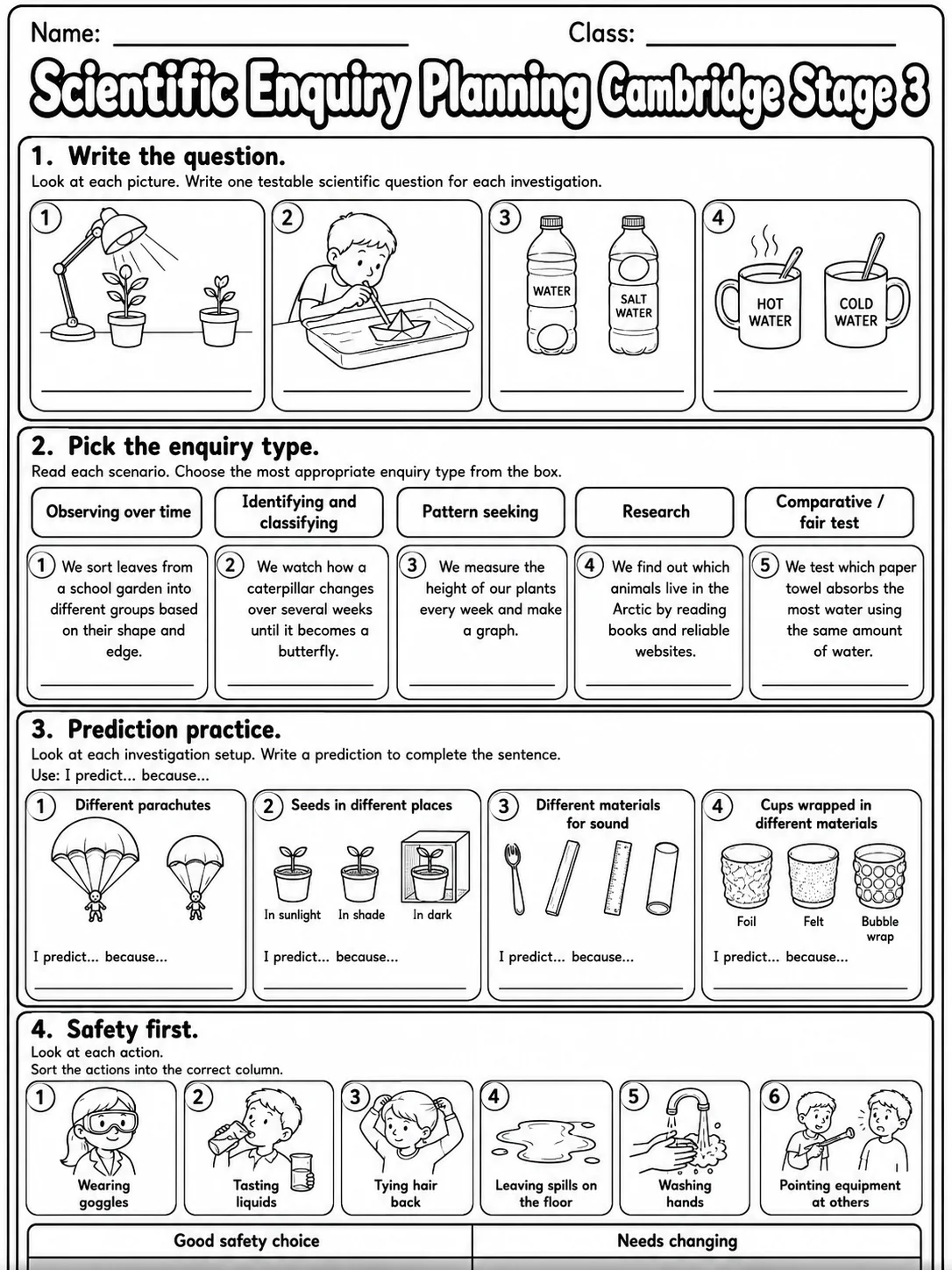 Scientific Enquiry Planning Cambridge Stage 3 page 5 printable Cambridge science worksheet preview