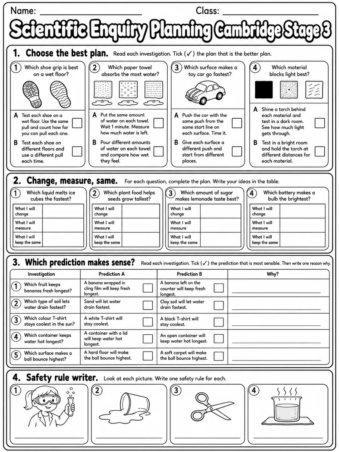 Scientific Enquiry Planning Cambridge Stage 3 page 6 printable Cambridge science worksheet preview