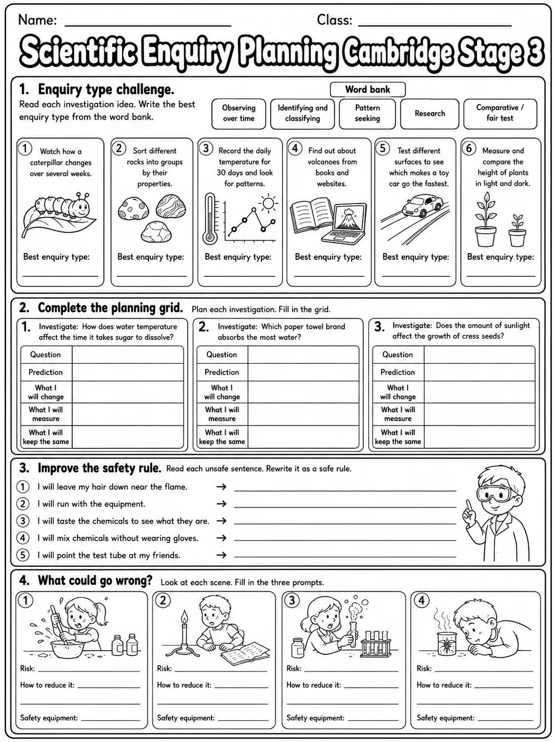 Scientific Enquiry Planning Cambridge Stage 3 page 9 printable Cambridge science worksheet preview