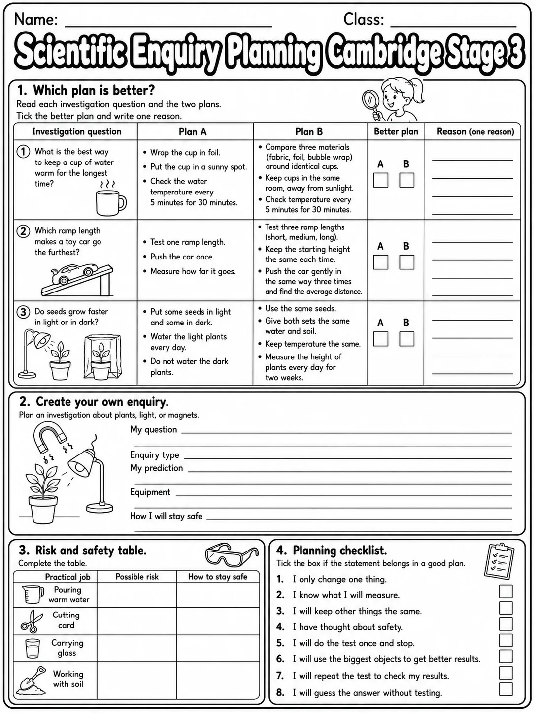 Scientific Enquiry Planning Cambridge Stage 3 page 10 printable Cambridge science worksheet preview