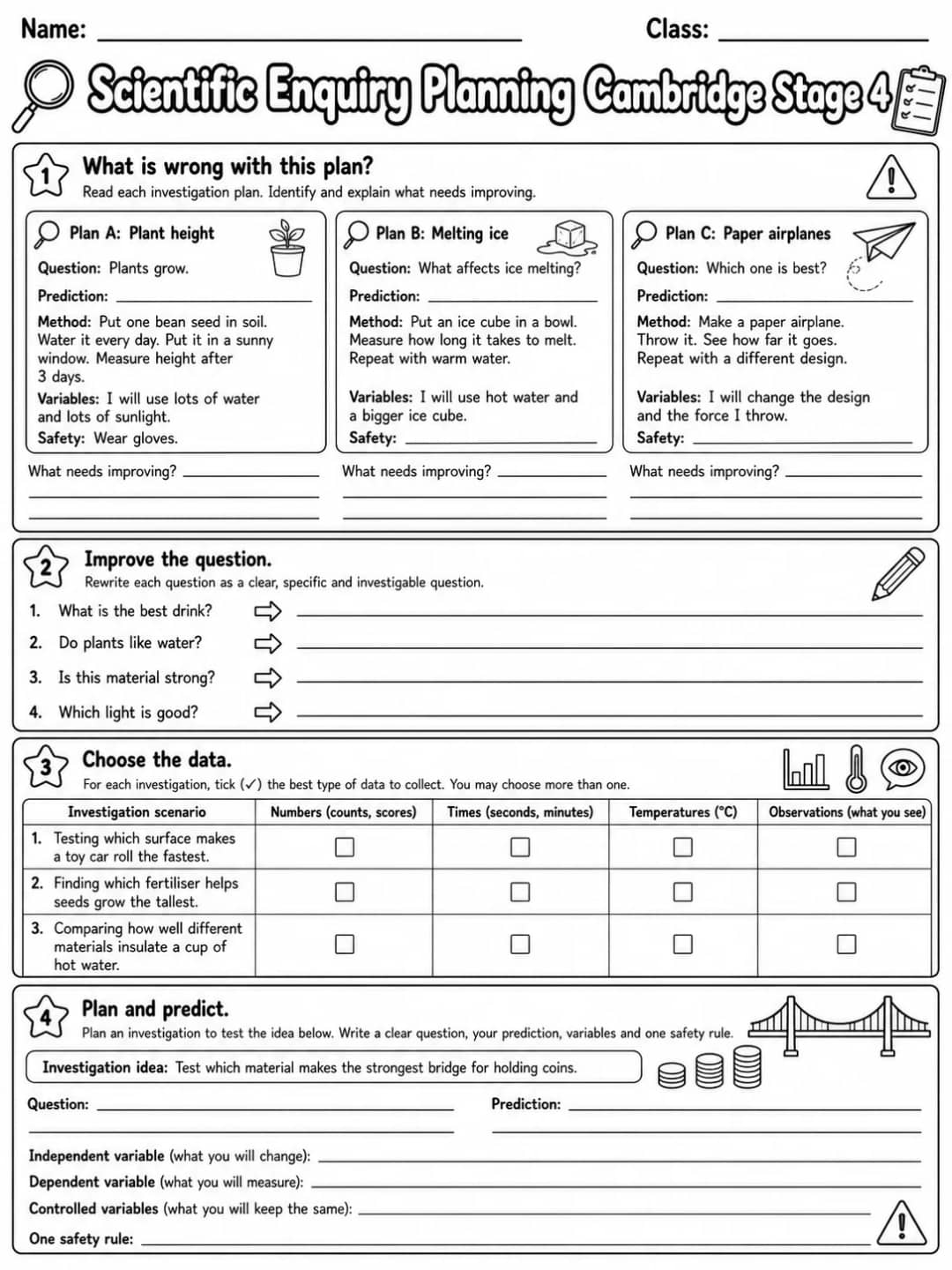 Scientific Enquiry Planning Cambridge Stage 4 printable Cambridge Primary Science Stage 4 worksheet preview from KiwiBee