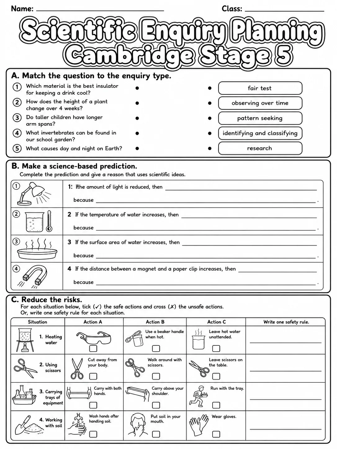 Scientific Enquiry Planning Cambridge Stage 5 page 2 printable Cambridge science worksheet preview