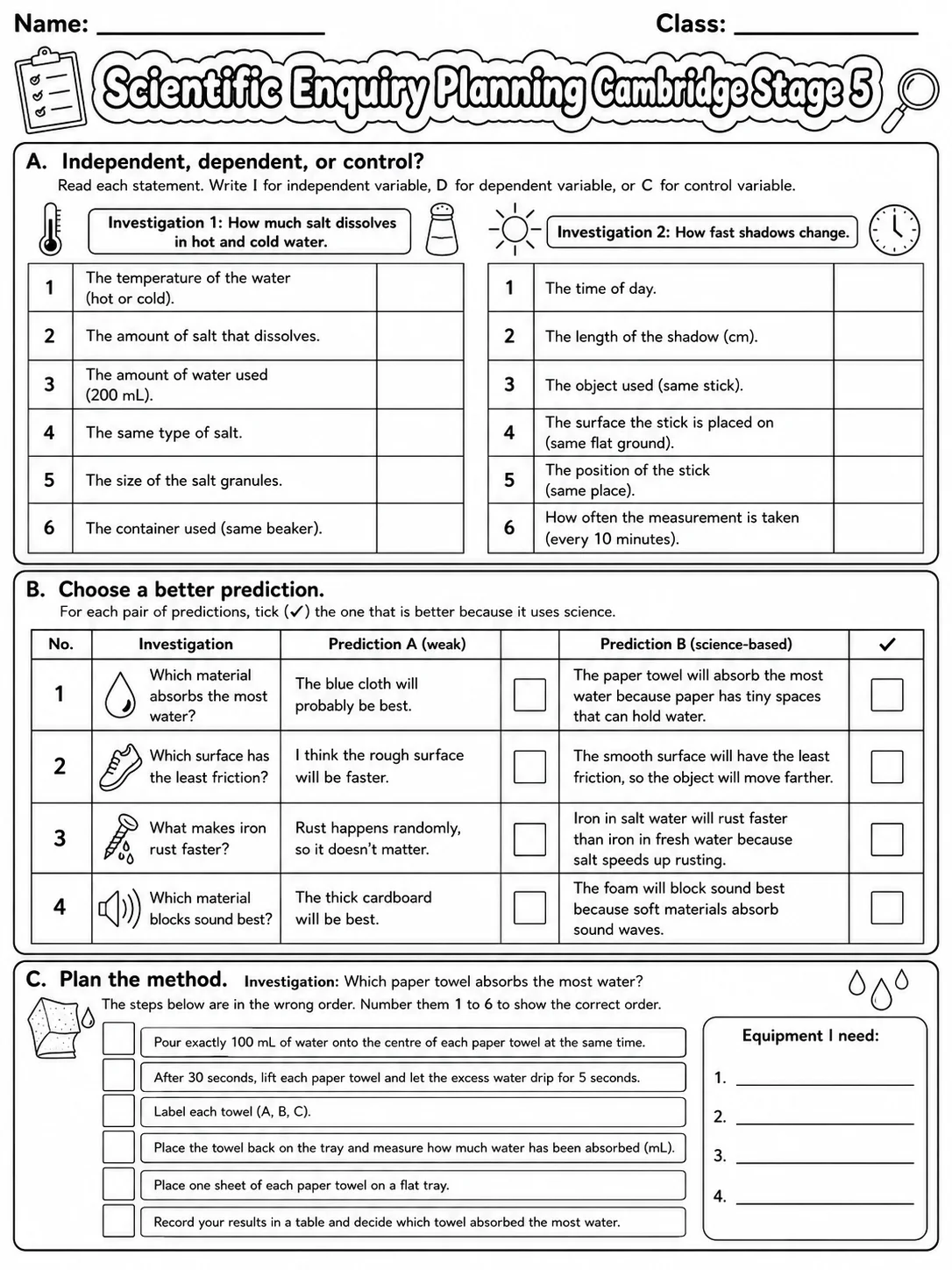Scientific Enquiry Planning Cambridge Stage 5 page 3 printable Cambridge science worksheet preview