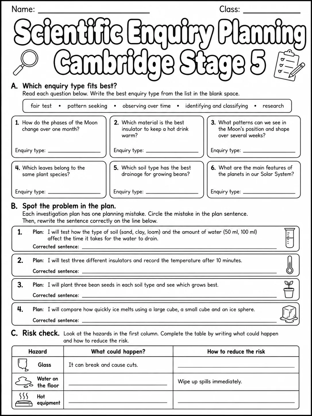 Scientific Enquiry Planning Cambridge Stage 5 page 4 printable Cambridge science worksheet preview