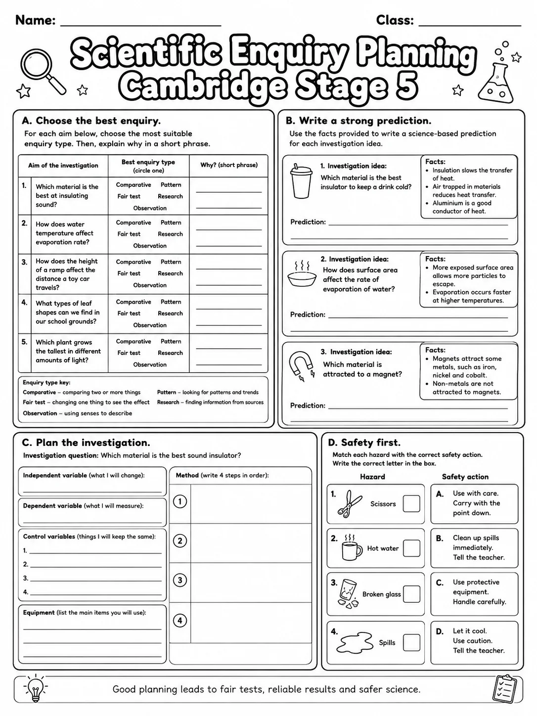 Scientific Enquiry Planning Cambridge Stage 5 page 6 printable Cambridge science worksheet preview