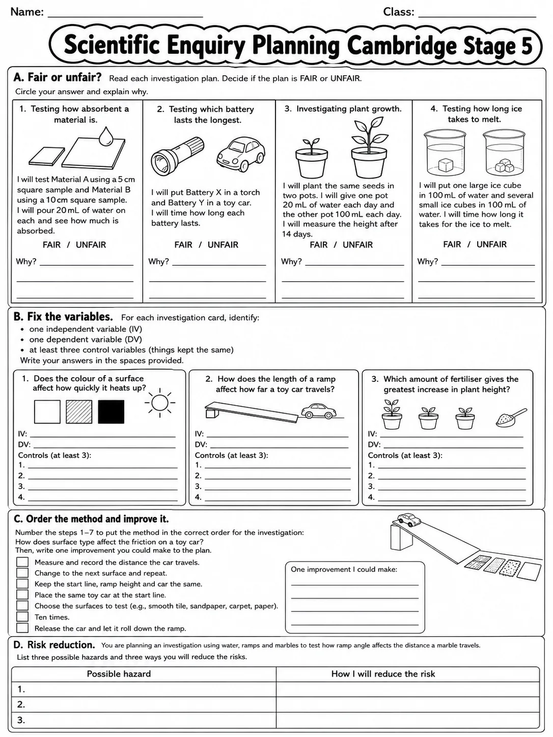 Scientific Enquiry Planning Cambridge Stage 5 page 7 printable Cambridge science worksheet preview