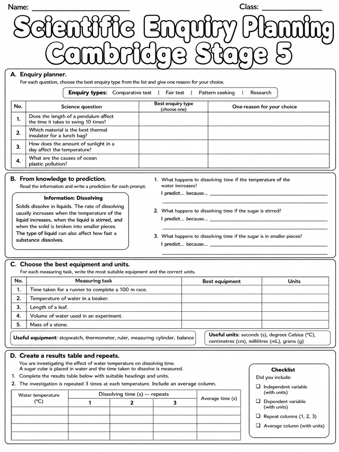Scientific Enquiry Planning Cambridge Stage 5 page 8 printable Cambridge science worksheet preview