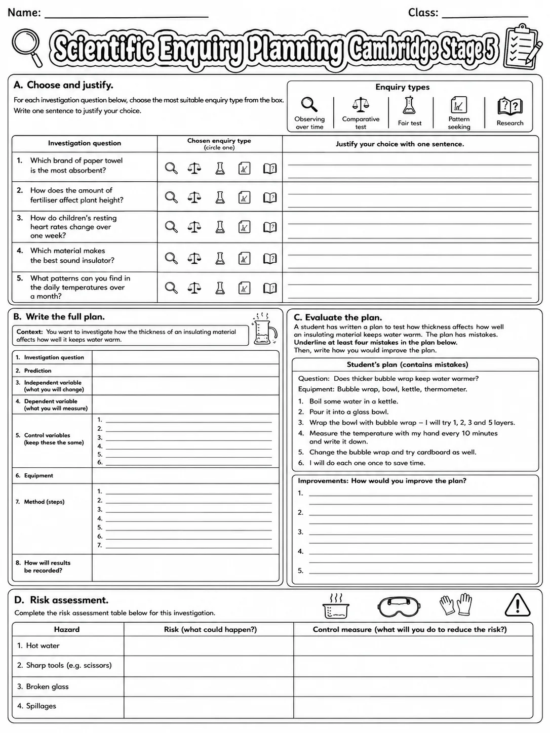 Scientific Enquiry Planning Cambridge Stage 5 page 9 printable Cambridge science worksheet preview