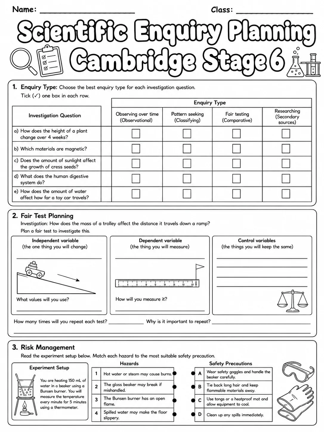 Scientific Enquiry Planning Cambridge Stage 6 page 2 printable Cambridge science worksheet preview