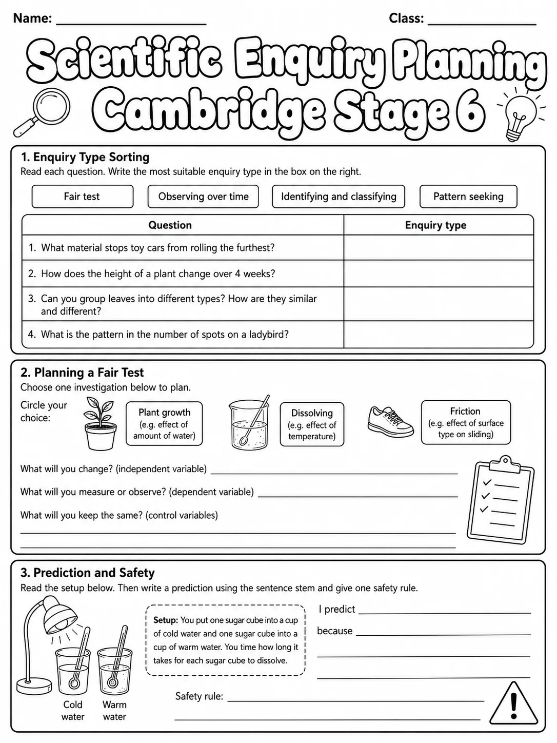 Scientific Enquiry Planning Cambridge Stage 6 page 3 printable Cambridge science worksheet preview