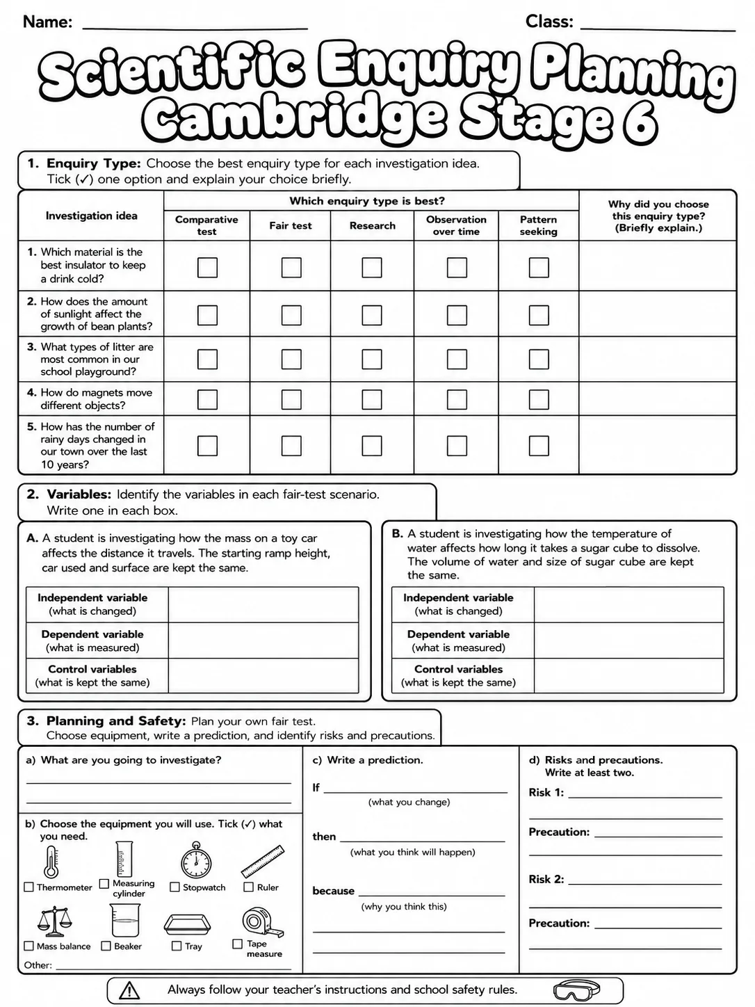 Scientific Enquiry Planning Cambridge Stage 6 page 4 printable Cambridge science worksheet preview