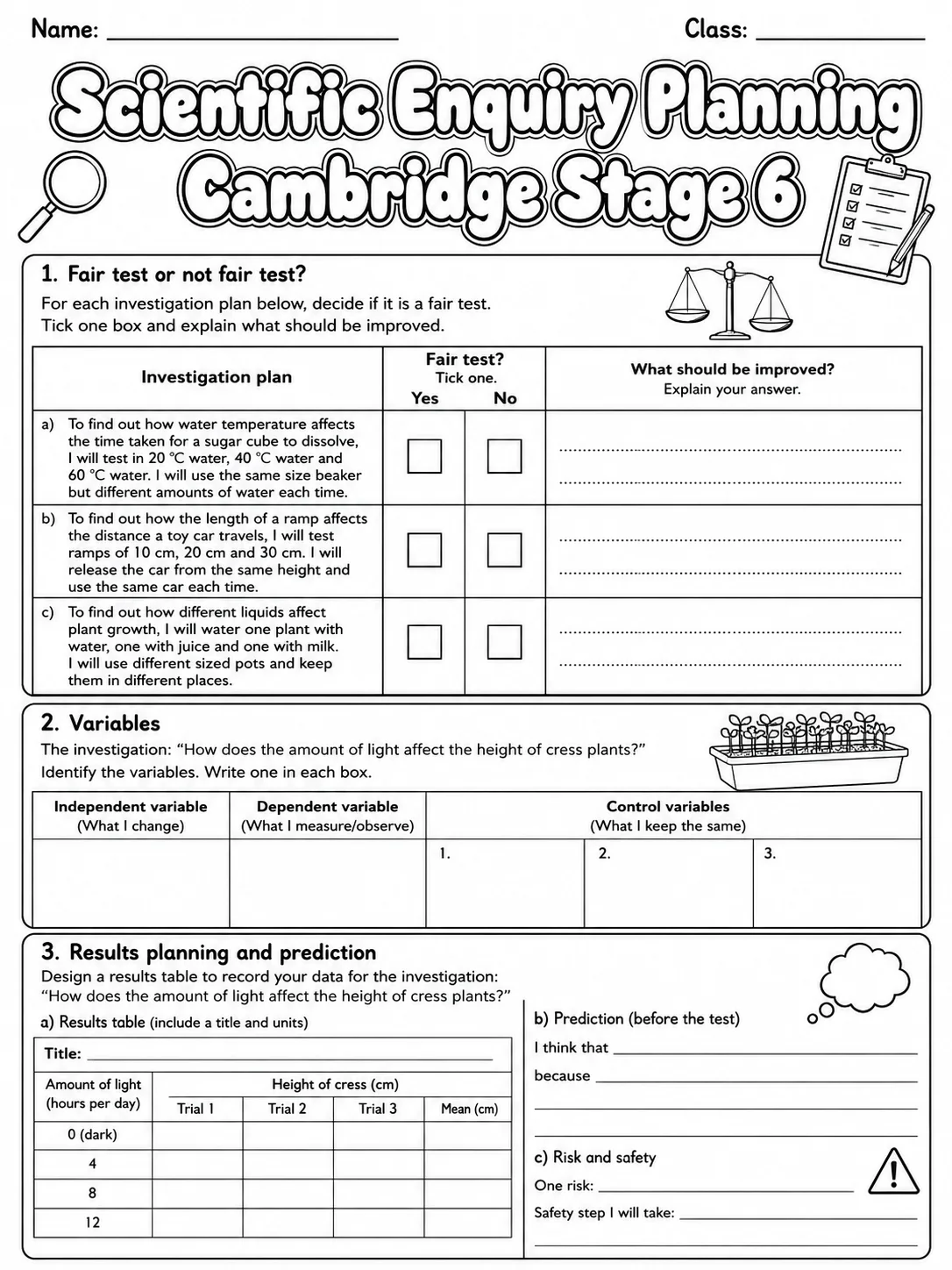 Scientific Enquiry Planning Cambridge Stage 6 page 5 printable Cambridge science worksheet preview