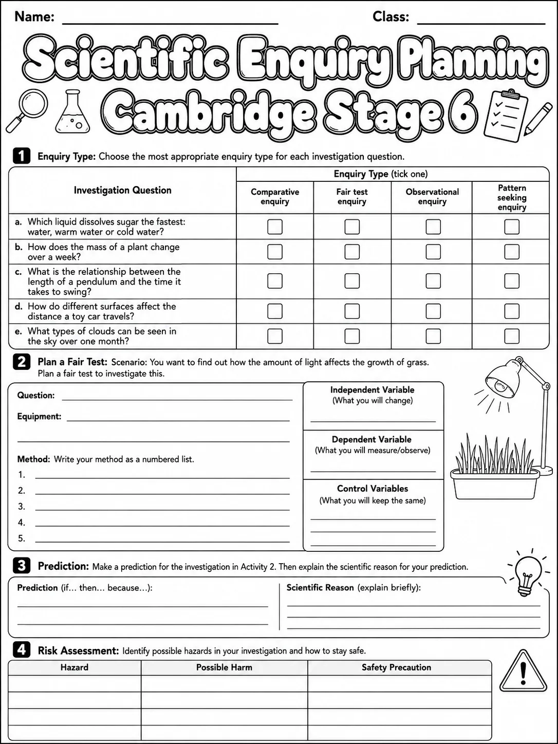 Scientific Enquiry Planning Cambridge Stage 6 page 6 printable Cambridge science worksheet preview
