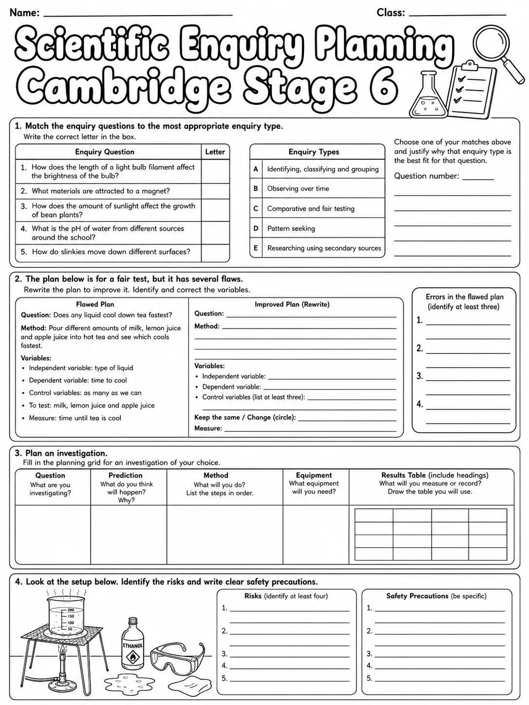 Scientific Enquiry Planning Cambridge Stage 6 page 7 printable Cambridge science worksheet preview