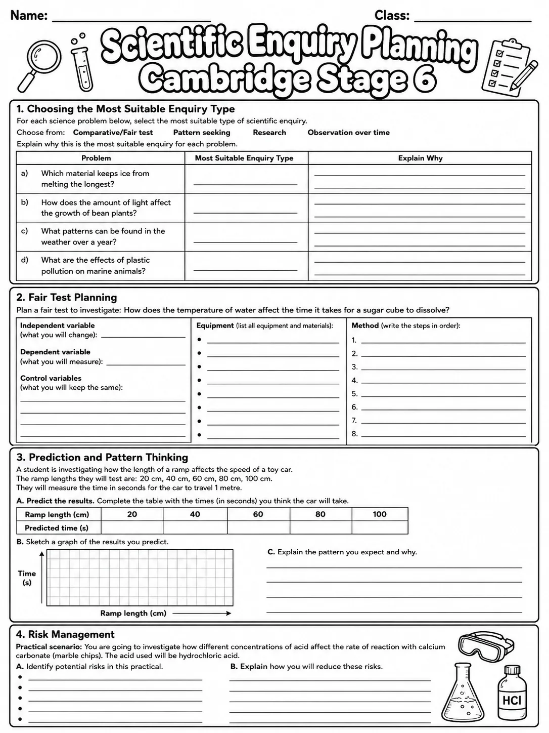 Scientific Enquiry Planning Cambridge Stage 6 page 8 printable Cambridge science worksheet preview