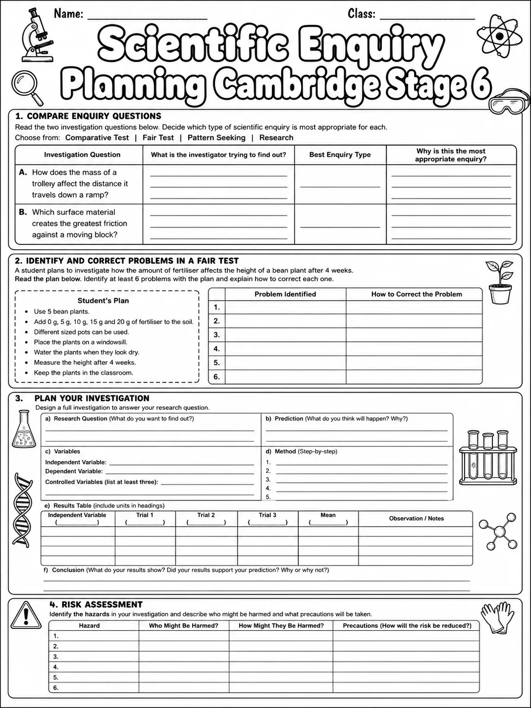 Scientific Enquiry Planning Cambridge Stage 6 page 9 printable Cambridge science worksheet preview